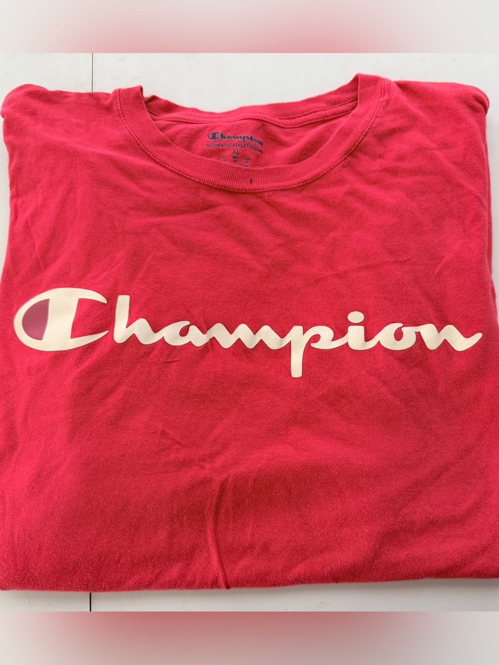 Champion Crewneck Tee in Reddish Pink with White Logo